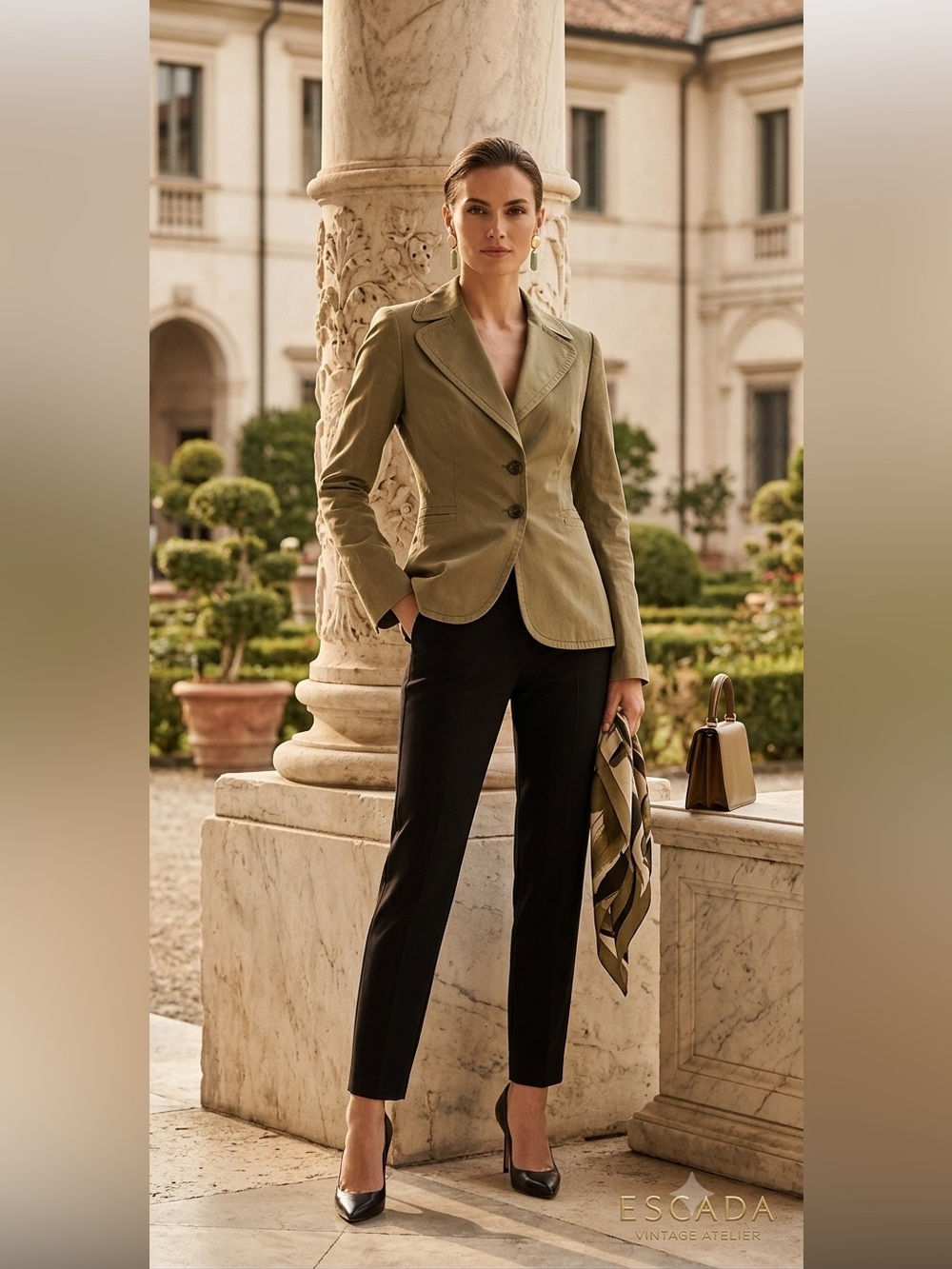 Escada Vintage Olive Green Blazer Jacket Sz 36‎ EU Fitted Cotton Tailored